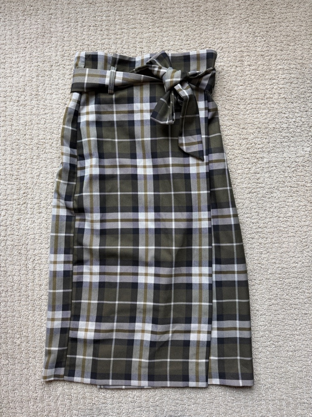 H&M Olive Plaid Midi Pencil Skirt with Waist Tie